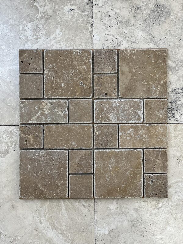 Noce Mini V/P Tumbled Travertine Mosaic 1